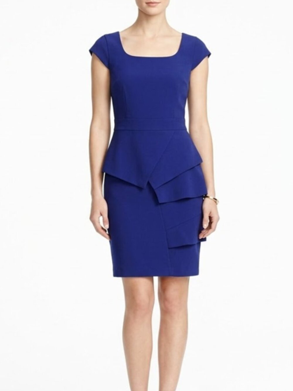 Calvin Klein Asymmetrical Ruffled/Ruched Blue Sheath Dress Cap Sleeves Size 8